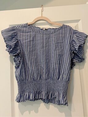 Madewell Blue & White Striped Ruffle Sleeve Smocked Top